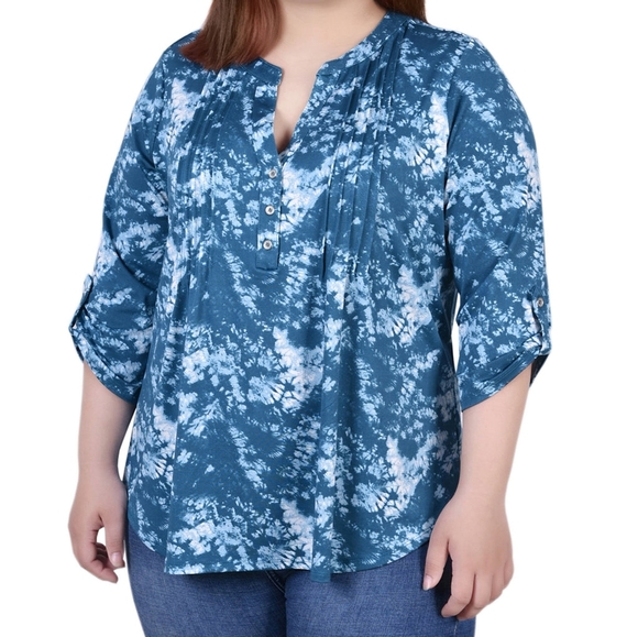 NY Collection Tops - NY Collection Women 's Turquoise Blue 3/4 Sleeve Roll Tab Top Size Petite Large